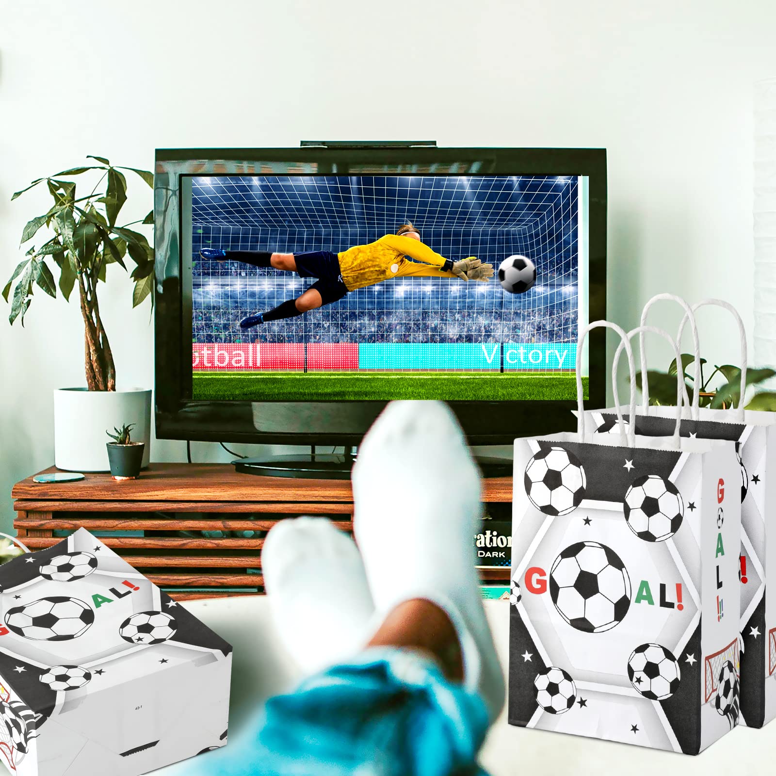 16Pcs Soccer Party Favor Paper Bags, Football Themed Party Bags With Handles Soccer Goodie Bags Treat Candy Bags For Kids Adults